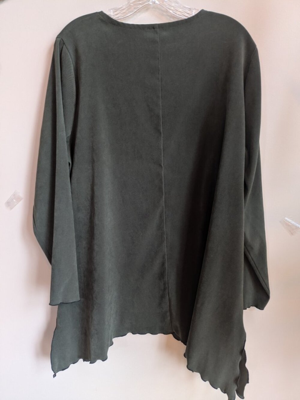 ahni olive green faux suede top long sleeve asymmetrical size 2 made in USA #655 - Picture 5 of 5